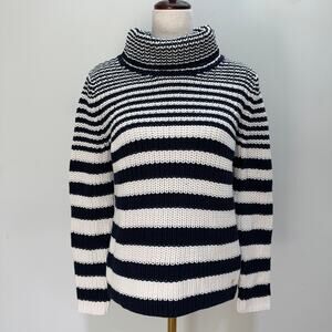 NWT Basler Cotton Chunky Knit Turtleneck Sweater 12 Stripe Navy White Cabincore